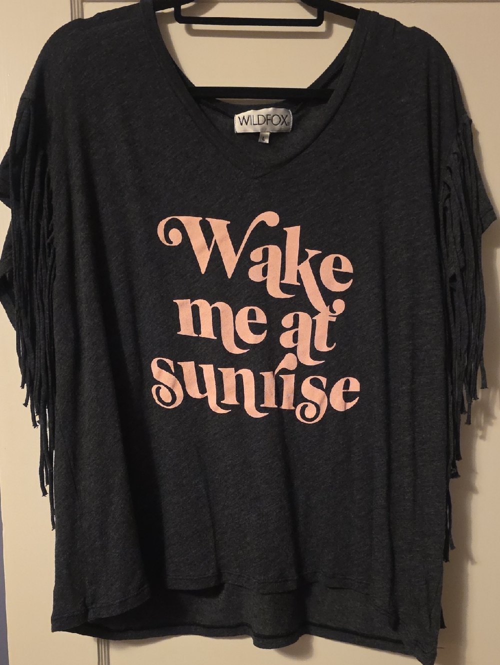 Wildfox Charcoal Tee with Pink 'Wake Me at Sunrise' Fringe Sleeves